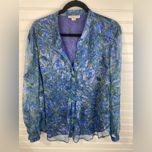 Coldwater Creek Blue and Purple Sheer Patterned Ling Sleeve Button Up Blouse 2X - Picture 1 of 10